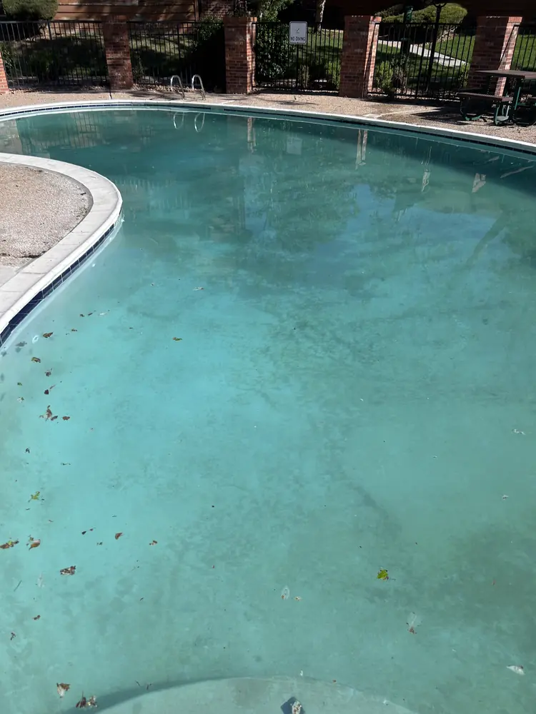 Cloudy community pool before a Pyle's green-to-clean recovery in Metro Denver