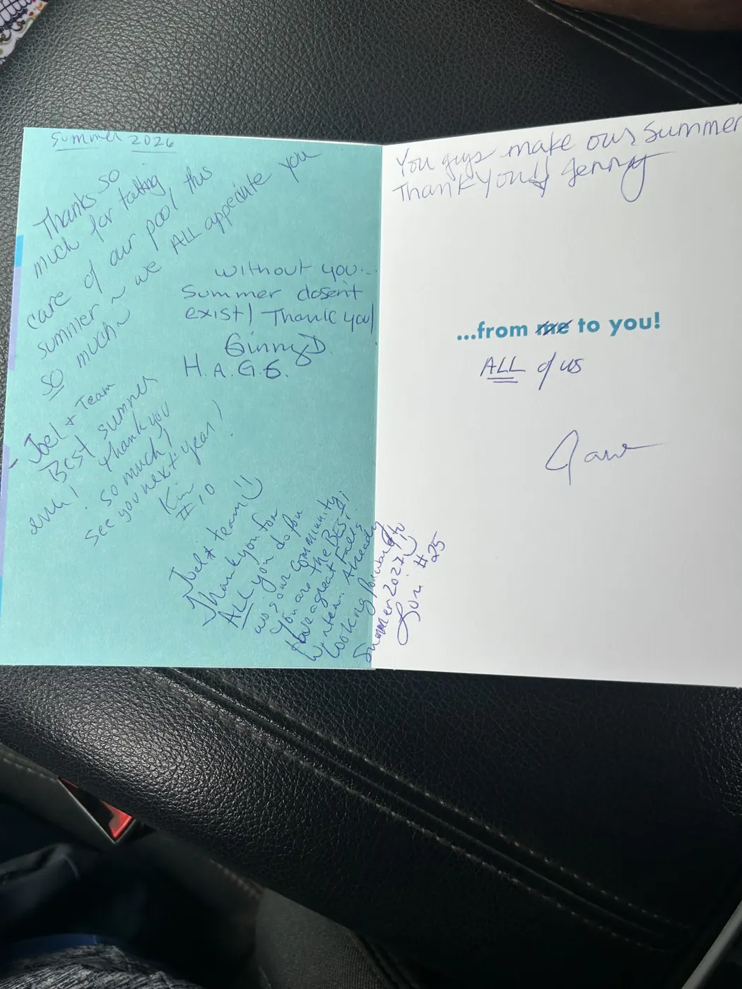 Handwritten thank-you card from an HOA pool committee to Pyle's Pool & Spa